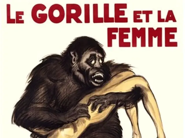 The image shows a poster advertising a casino in Paris featuring a gorilla and a woman. The poster...