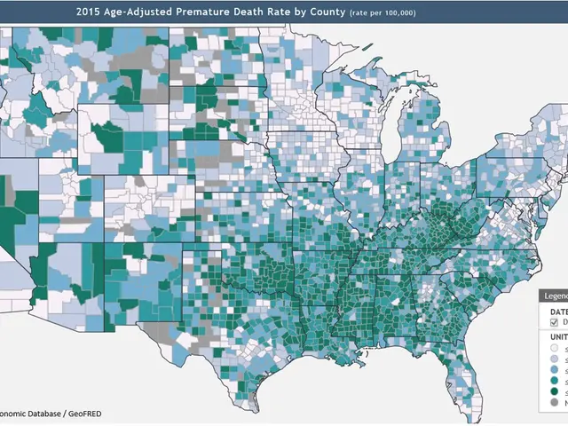 The image shows a map of the United States with different colors representing the age-adjusted...