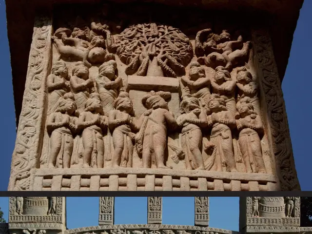 The image shows a collage of carvings on the side of a building in India, with trees and the sky in...