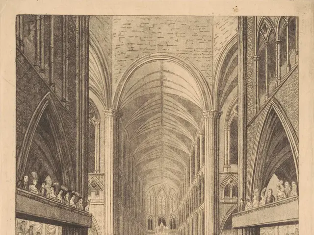 The image shows an engraving of the interior of a church, with a group of people sitting on the...