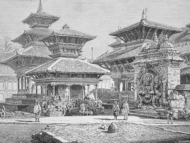 The image shows a black and white drawing of a temple in Nepal, with people walking around it. The...