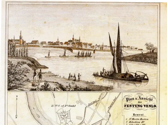 The image shows an old map of the city of Hamburg, Germany, with a boat in the water, people,...