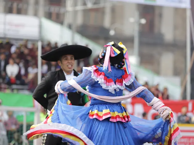The image shows a man and woman in traditional Mexican costumes dancing in front of a crowd. The...