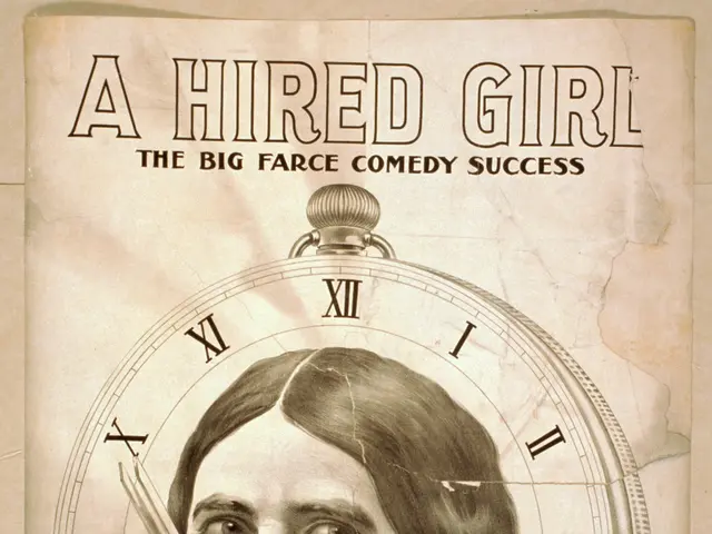 The image shows a poster of a person with a clock in the background and the words "A Hired Girl:...