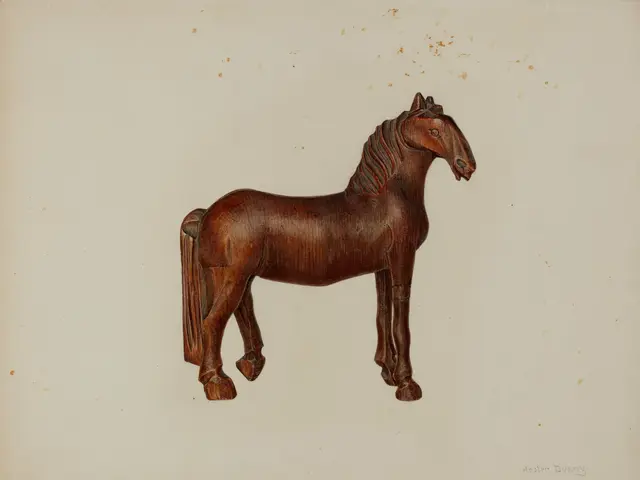 The image shows a wooden toy horse on a white background. The horse is intricately carved with...