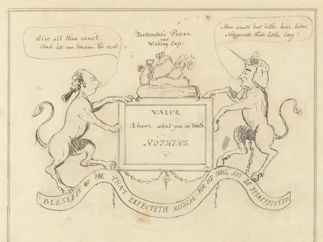 The image shows a paper with a drawing of a man and a woman holding a sign that reads "Stamp for...