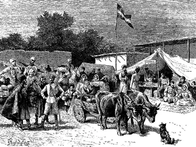 The image shows a black and white drawing of a group of people standing around a horse-drawn cart,...