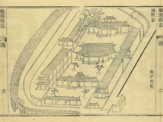 The image shows a drawing of a Chinese building with a lot of windows, surrounded by trees. The...