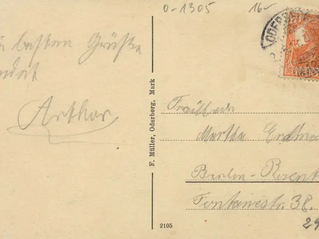 The image shows an old envelope with a stamp on it, which is an envelope from Germany to Austria,...