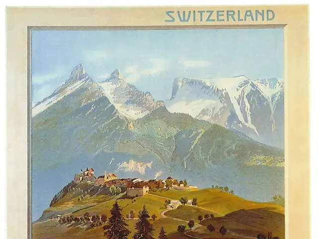 The image shows a vintage Swiss travel poster featuring cows grazing in a field with mountains in...