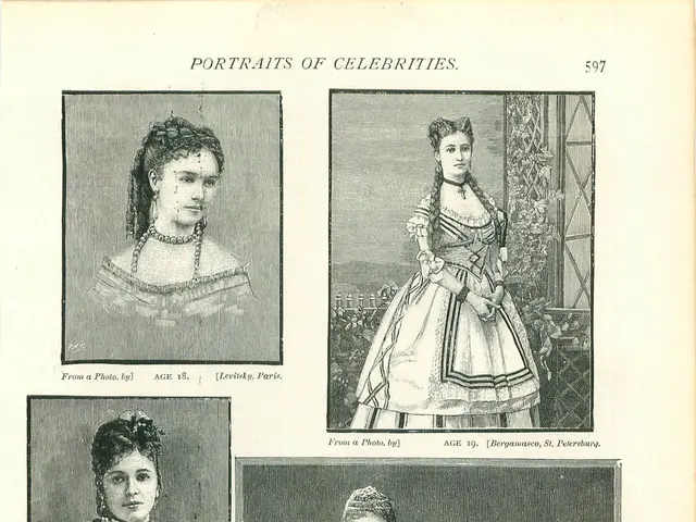 The image shows an old book with pictures of women in dresses on it. The book is open to a page...