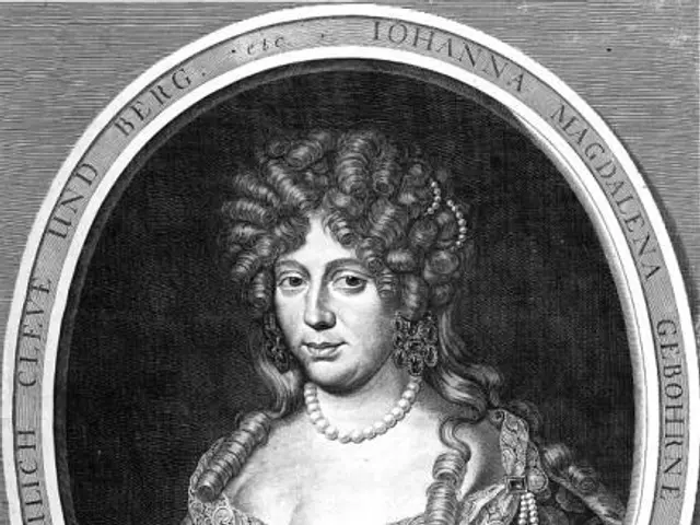 The image shows a black and white engraving of a woman in a dress, believed to be Johannina...