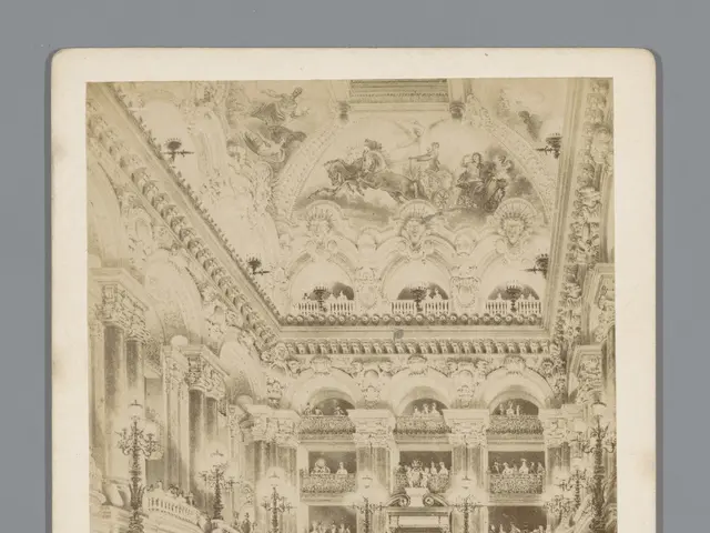 The image shows an old photo of the grand escalier du nouvel opera, with a group of people standing...