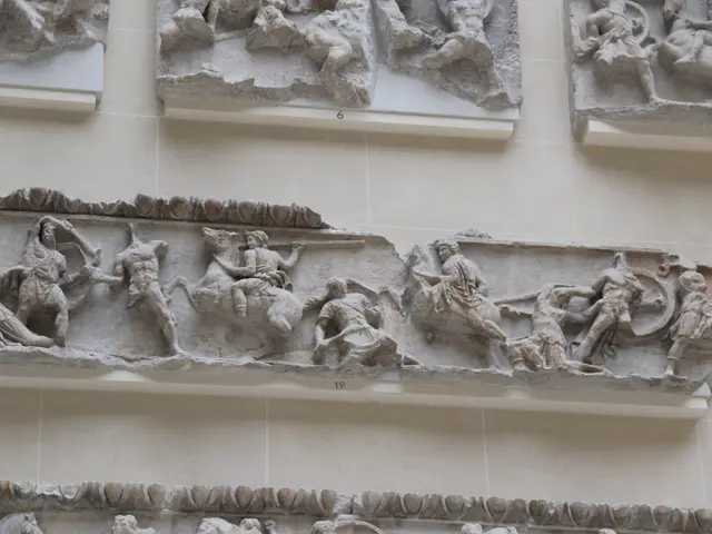 The image shows a group of sculptures on the wall of the Parthenon in Athens, Greece. The...