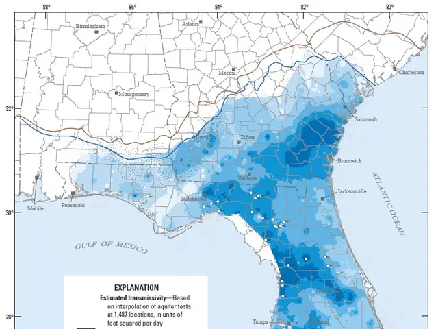 The image shows a map of Florida with blue and white color areas indicating the extent of the Gulf...