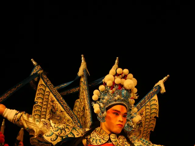 The image shows a group of people wearing costumes and performing a Chinese opera. The person in...