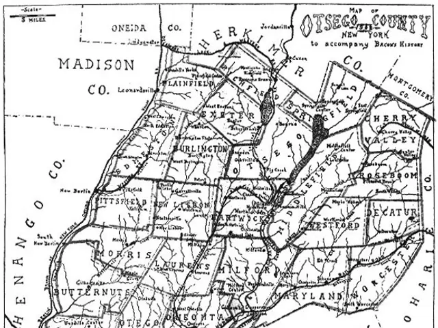 The image shows a black and white map of the city of Madison County, New York. It is a detailed map...