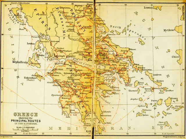 The image shows an old book with a map of Greece on it. The map is detailed and shows the principal...