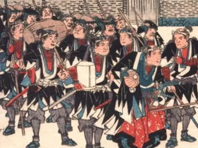 The image shows a group of men in traditional Japanese clothing marching down a street, each...