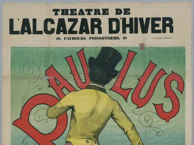The image shows a poster for the theatre de l'alcazar d'hiver, featuring a group of people in the...