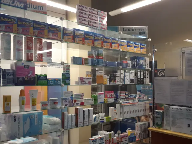 The image shows a pharmacy with a display case filled with lots of different types of medicines,...