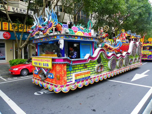 The image shows a vibrant Chinese New Year parade in Hong Kong, with a colorful float in the middle...