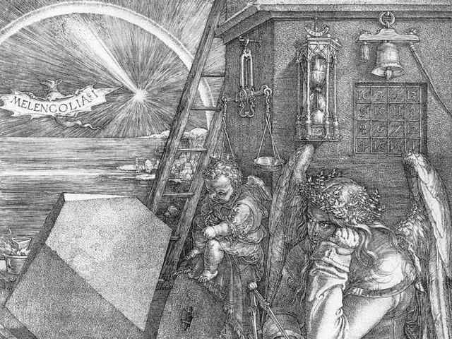 The image shows a black and white engraving of an angel sitting on a chair in front of a clock,...