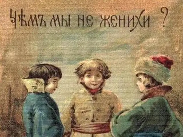 The image shows an old Russian postcard with three children standing next to each other. The...