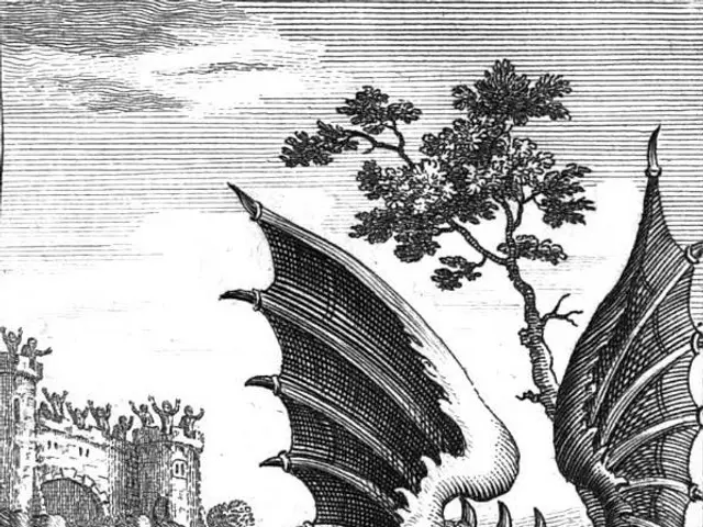 The image shows a black and white engraving of a dragon attacking a man in front of a castle, with...