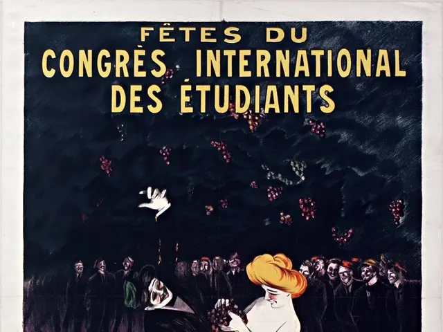 The image shows a poster advertising a wine tasting event in Bordeaux, France in 1907. It features...