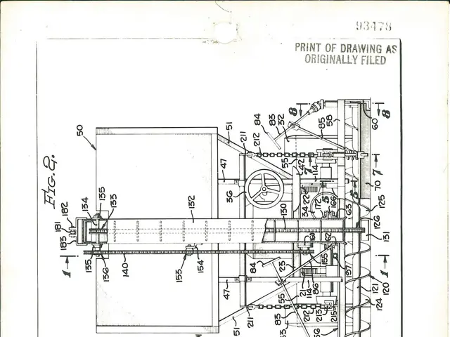 The image shows a patent drawing of a machine with a lot of details on it, including text and...