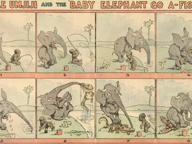 The image shows a paper with a cartoon of Little Umijiji and the baby elephant go fishing. The...