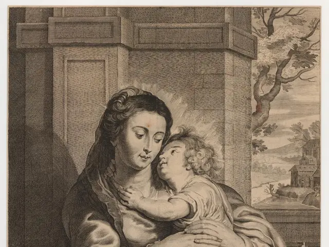 The image shows a woman holding a baby in her arms, with a pillar, trees, and a house in the...