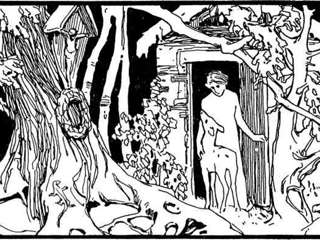 The image shows a black and white illustration of a man standing in front of a door in a forest,...