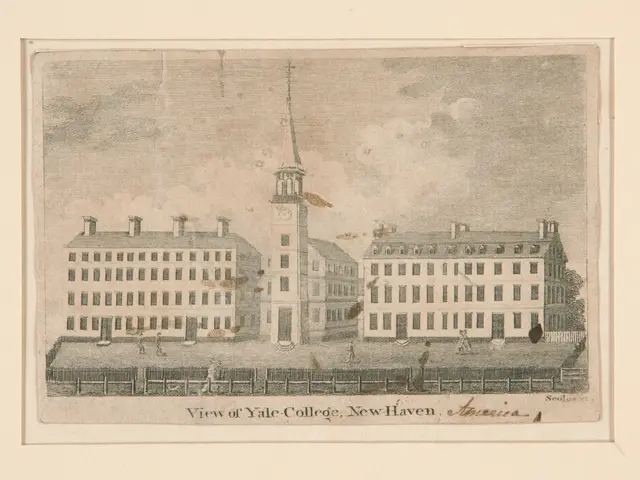 The image shows a view of Yale College in New Haven, Connecticut. It is a photo frame with a...