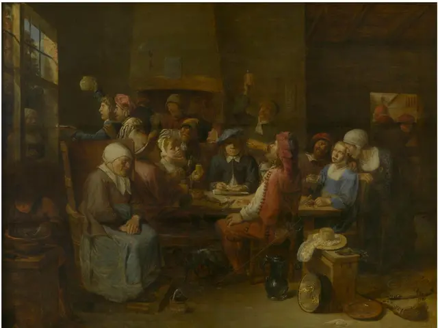 The image shows a painting of a tavern scene with a group of people sitting around a table, playing...