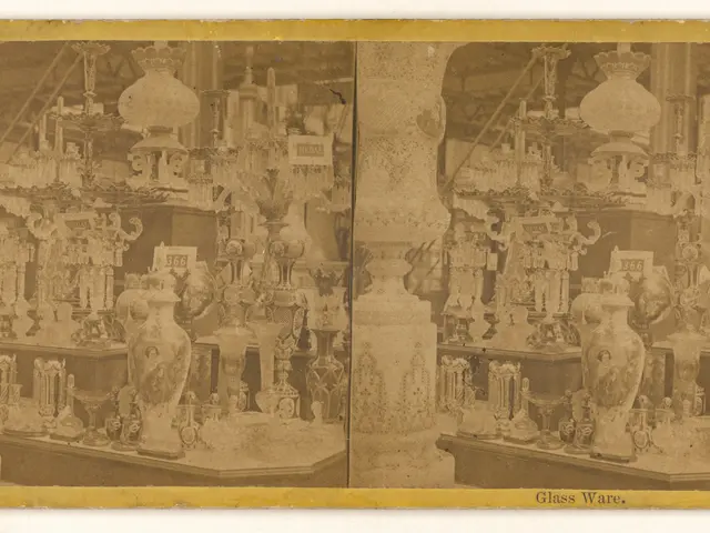 The image shows an old photo of a room filled with lots of vases and other decorative items on the...