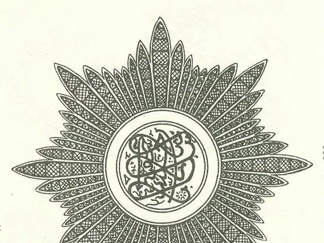 The image shows a black and white drawing of a sun with Arabic calligraphy in the center. The sun...
