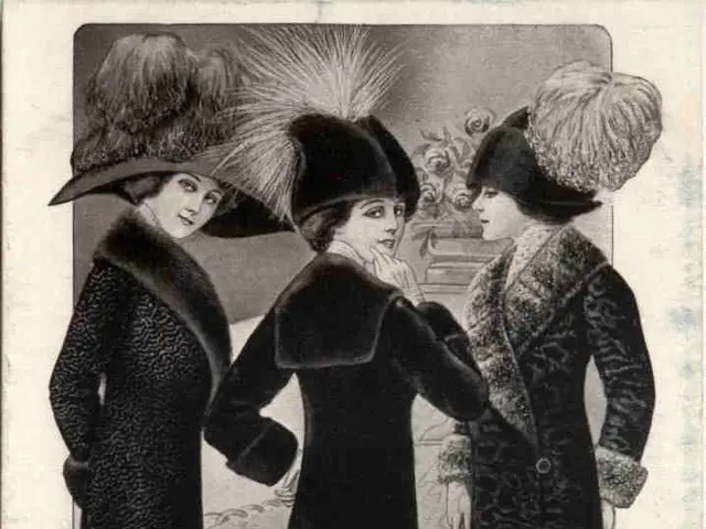The image shows three women in black coats and hats standing next to each other, with a flower vase...