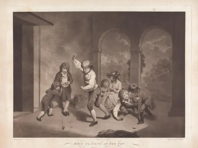 The image shows a group of children playing a game of pegs in a room with a wall, pillars, trees,...