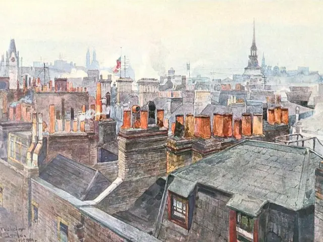 The image shows a painting of a cityscape with a number of buildings in the foreground and a clear...