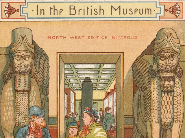 The image shows a group of people standing in front of a British museum, with two statues on either...