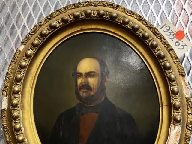 The image shows a portrait of a man in a black suit and bow tie, painted in oil on canvas, hanging...