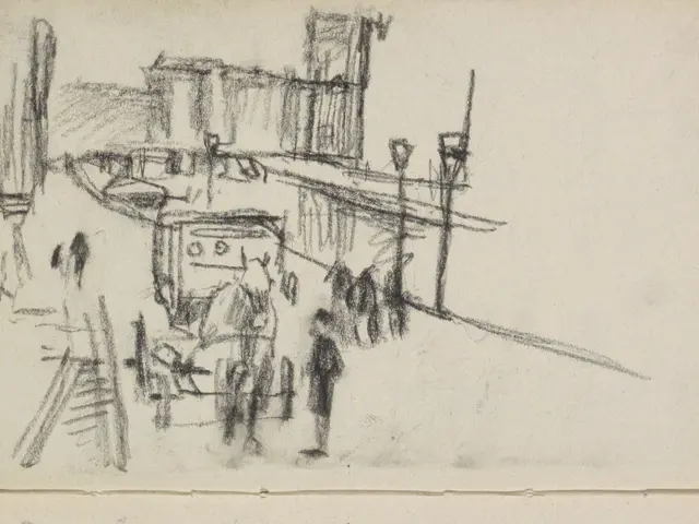 The image shows a drawing of people walking down a street, with a building in the background. The...