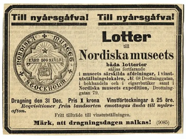 The image shows an old newspaper advertisement for a lottery ticket with a picture of a man in a...