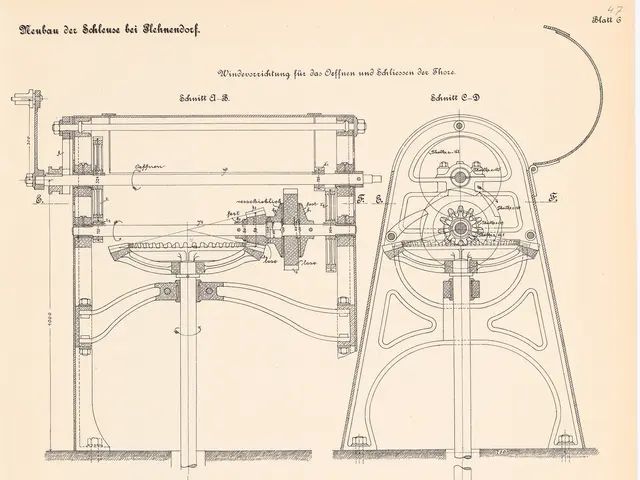 The image shows a paper with a drawing of a machine on it, which appears to be a press. The drawing...