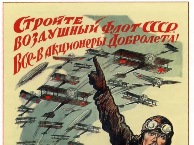 The image shows a Soviet propaganda poster with a man in a pilot's uniform, surrounded by...