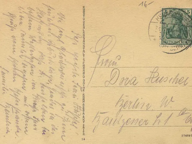 The image shows an old postcard with a stamp on it, which is an envelope from Germany to Germany,...
