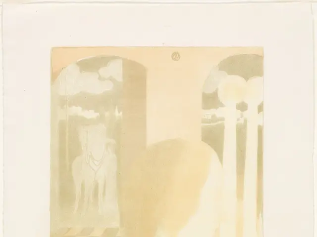 The image shows a woman sitting on a checkered floor in front of a window, with a horse in the...