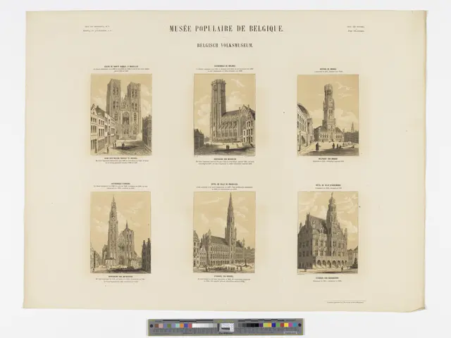 The image shows a page from a book with a variety of pictures of buildings from the Musee Populaire...